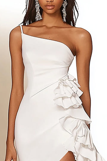 White Bodycon One Shoulder Satin Graduation Dress with Ruffles